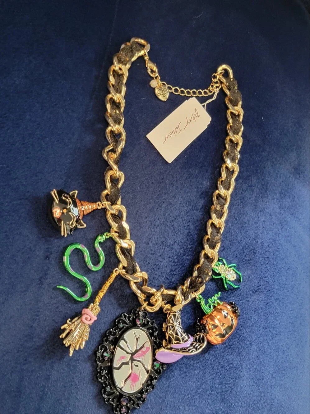 Betsy Johnson Gold-Tone Halloween Charm Necklace with Black and Orange Accents